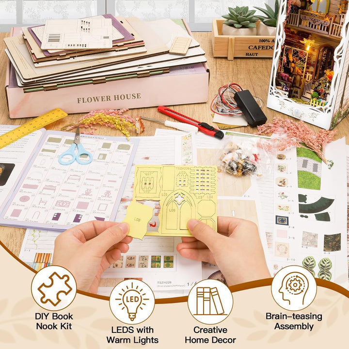 Book Nook Kit Buchstützen, DIY Puppenhäuser Miniatur Haus Kit mit Staubschutzhülle LED-Licht Gartenh