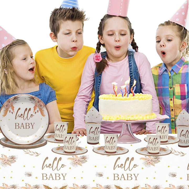 Doyomtoy Boho Baby Shower Partygeschirr,61Stück Baby Shower Papiergeschirr Set - Pappteller Papiertü