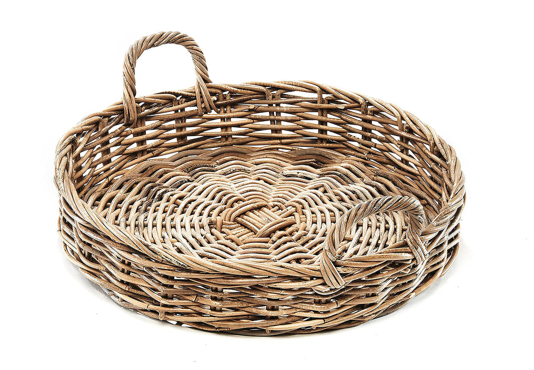 Kobolo Tablett Dekotablett Serviertablett aus Rattan rund -kubu grau- 49x49x10cm