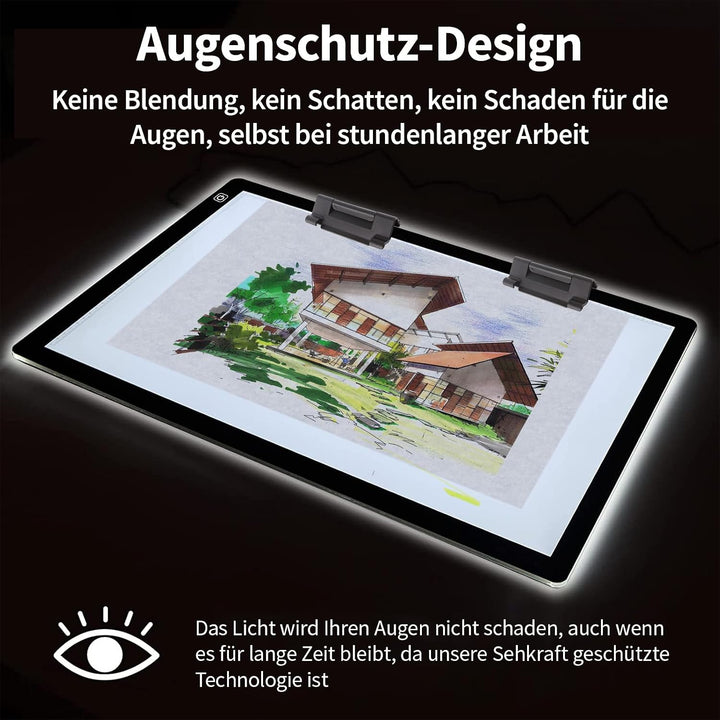 elice A2 LED Leuchttisch mit 12V 2A-Adapter und 2 Multifunktionsclips,7mm ultradünnes Leuchtplatte,3