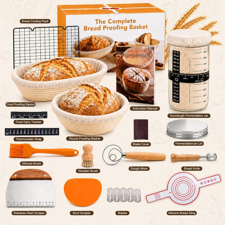 Sauerteig Starter Set Komplett Gärkörbchen Rund &amp; Oval aus Rattan | Teigbesen &amp; Schaber, Starterglas