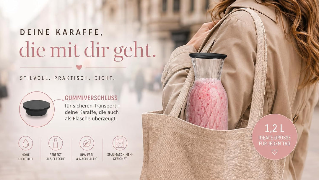 Geriffelte Glas-Karaffe Fonte 1,2L mit Silikondeckel – elegante Trinkkaraffe &amp; stilvoller Vase – ide