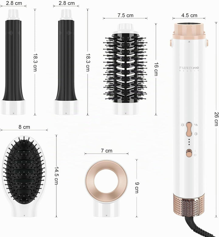 5-in-1 Airstyler &amp; Lockenstab, PARWIN PRO BEAUTY Ionen Föhn Stylingbürsten, 5 Aufsätze Rundbürstenfö