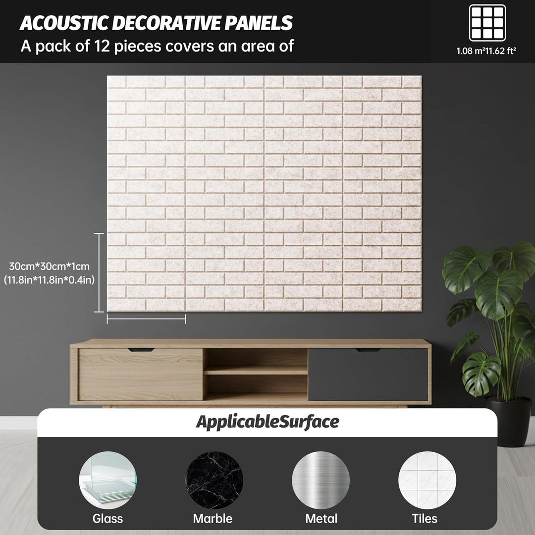 12-Piece Set Akustikpaneele, hochdichte quadratische Akustikfliesen, 12"×12"×0.4"grosse, ziegelstein
