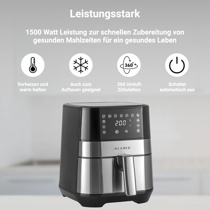 KLAMER Heissluftfritteuse 3,5L, Multifunktionale Mini Heissluftfritteuse, ölfreie Fritteuse, 1500W A