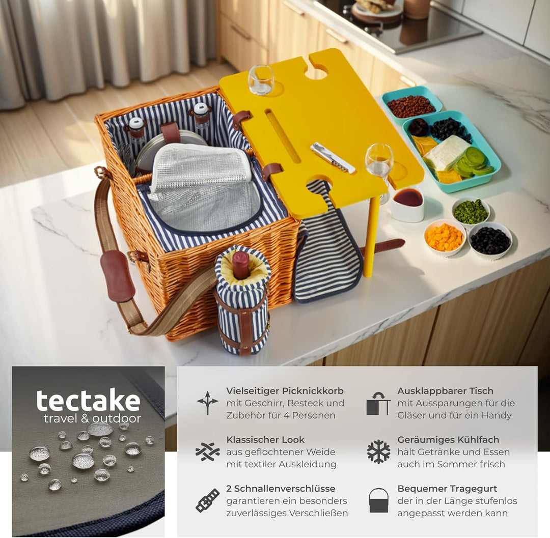 tectake® Picknickkorb und Picknickdecke 4 Personen, befüllter Picnic Basket Weidenkorb für Ausflug,