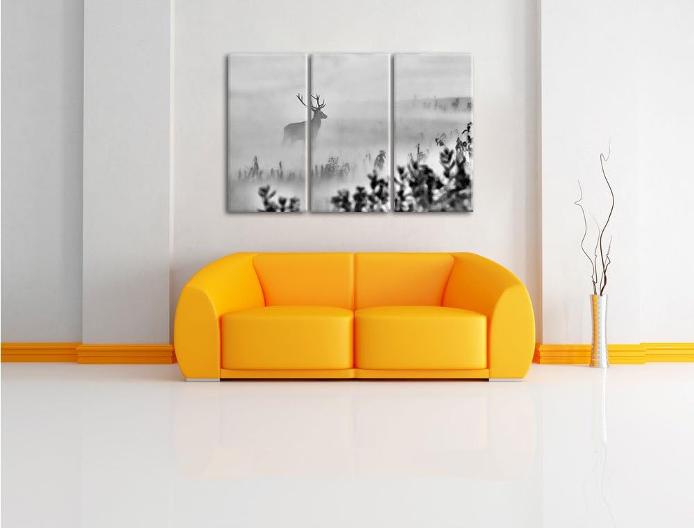 Pixxprint Hirsch im Nebel als Leinwandbild | Grösse: 3 Teilig (120x80) | Wandbild| Kunstdruck | fert