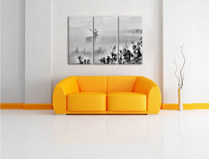 Pixxprint Hirsch im Nebel als Leinwandbild | Grösse: 3 Teilig (120x80) | Wandbild| Kunstdruck | fert