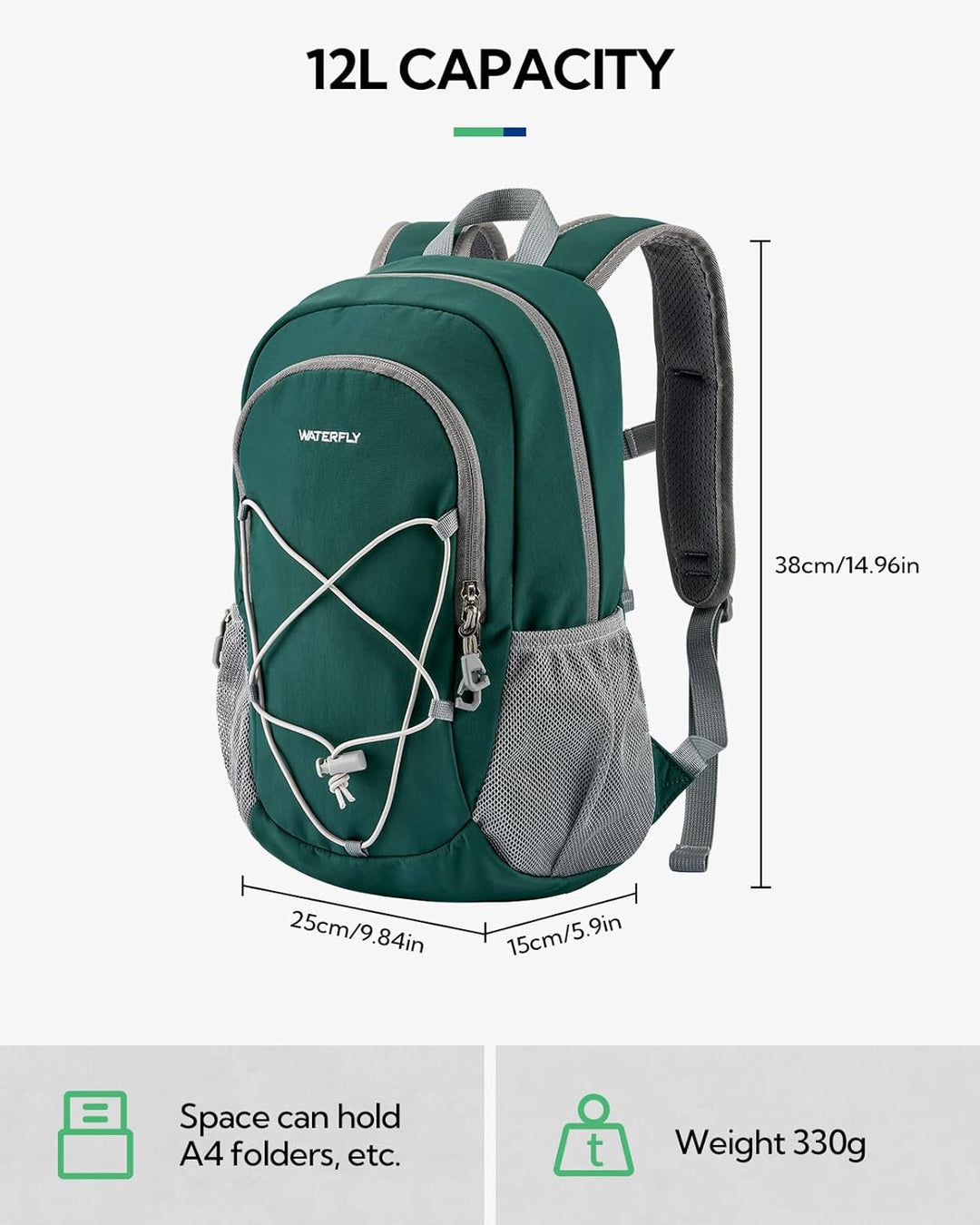 WATERFLY Rucksack Klein Wanderrucksack 12L: Leicht Tagesrucksack Mini Sport Backpack Outdoor Daypack