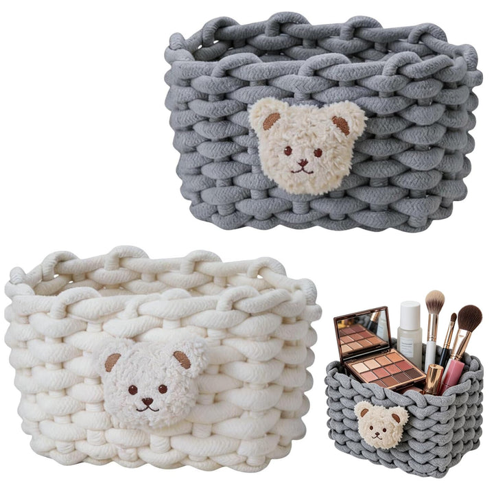 2 Stück Aufbewahrungskorb Geflochten mit Bärenmotiv Baumwolle Strickkorb, Häkelkorb, Klein Organizer