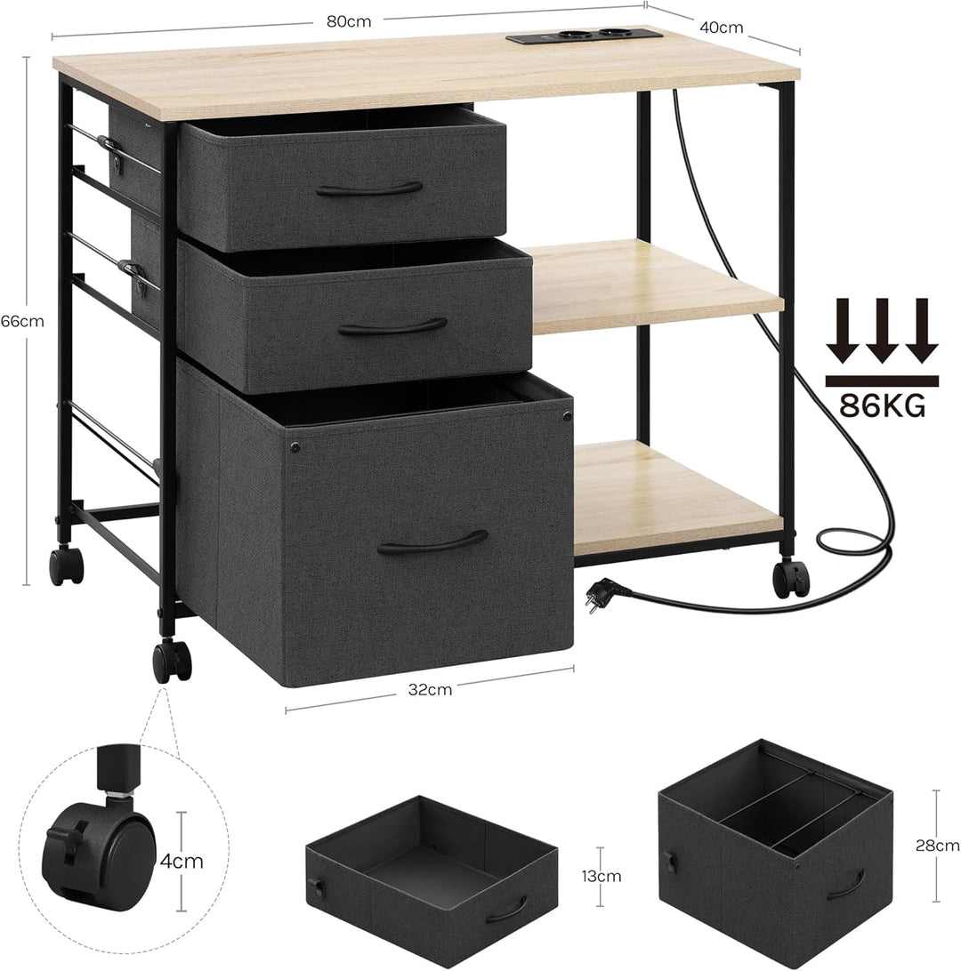 WOLTU Aktenschrank mit Ladestation, Rollcontainer mit Schubladen, Büroschrank, Druckertisch mit Roll