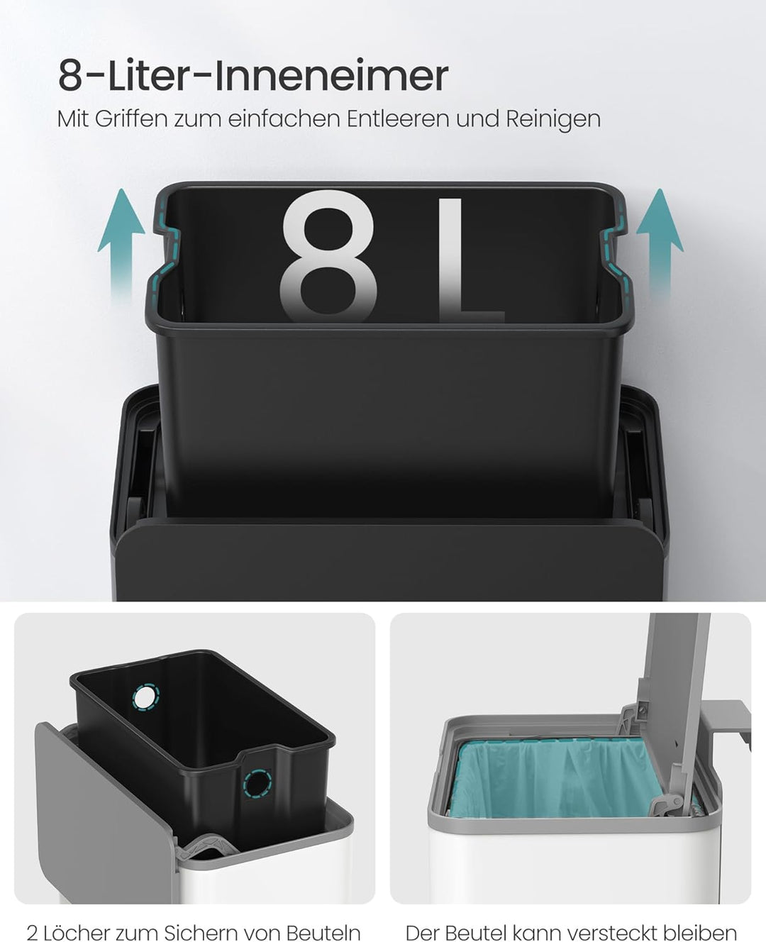 SONGMICS Mülleimer hängend, 8 L Komposteimer Küche, Stahl-Abfalleimer mit Deckel für Biomüll, mit Ha