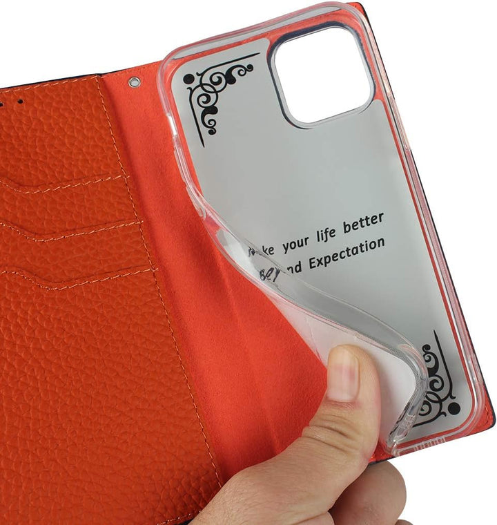 Brieftasche Hülle für iPhone 12/12 Pro, Litschi Genarbtes Echtleder Hülle [Kartenfächer] [Standfunkt