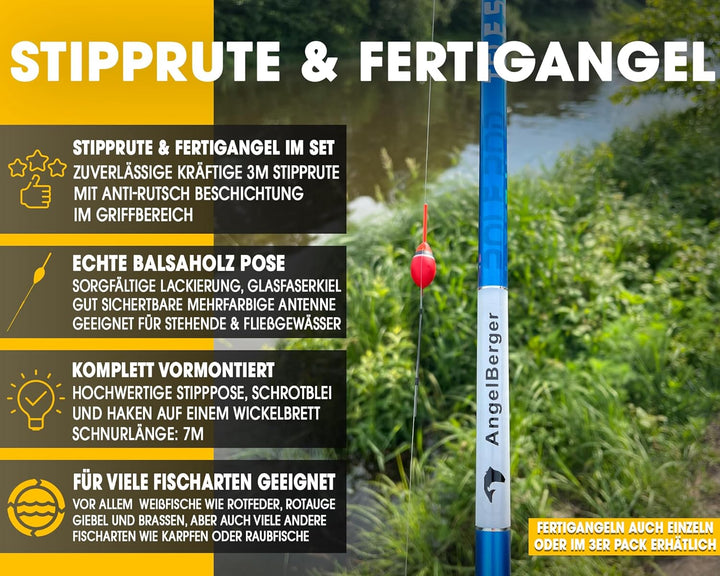 Angel-Berger Stipprute mit Fertigangel Pole Rod Kinderangel Köderfischangel Polerute Stippe Angel Se