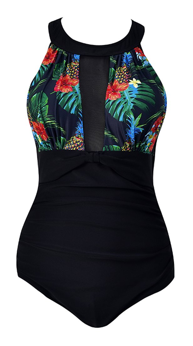 VILOREE Damen Schlankheits Badeanzug Raffung Einteiler High Neck Bademode Strandmode M Blumen 