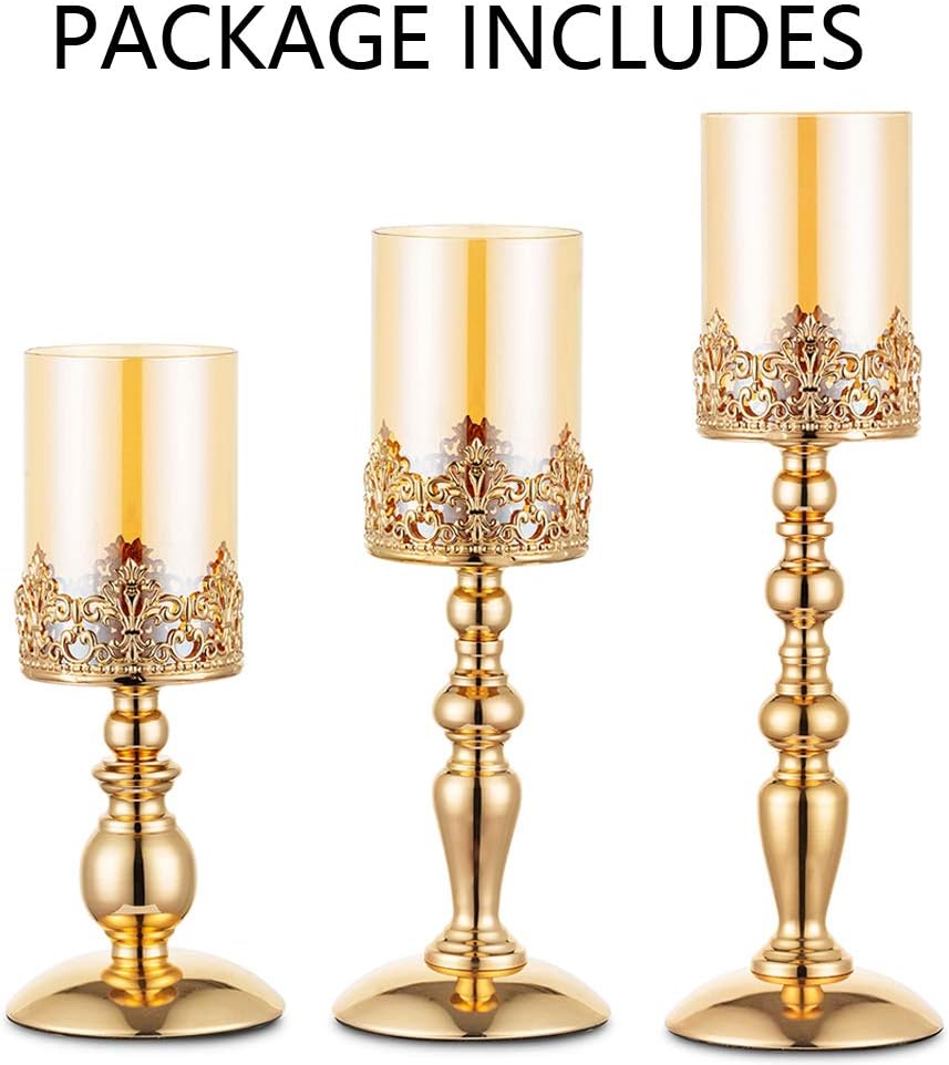 NUPTIO Säulenkerzenhalter mit Glas, 3er Set Hurricane-Kerzenhalter aus Gold Moderne Wohnkultur Gesch