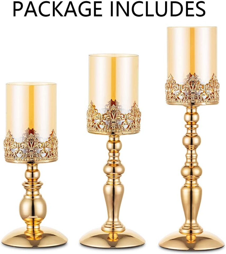 NUPTIO Säulenkerzenhalter mit Glas, 3er Set Hurricane-Kerzenhalter aus Gold Moderne Wohnkultur Gesch