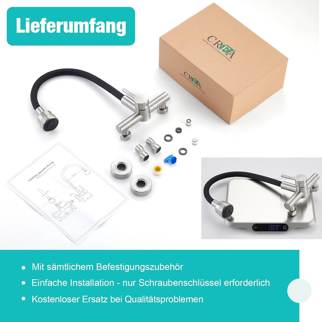 CREA Wandarmatur für Küche mit Schwarzer 360° flexibler Silikon Weichschlauch, Einhebelmischer Küche