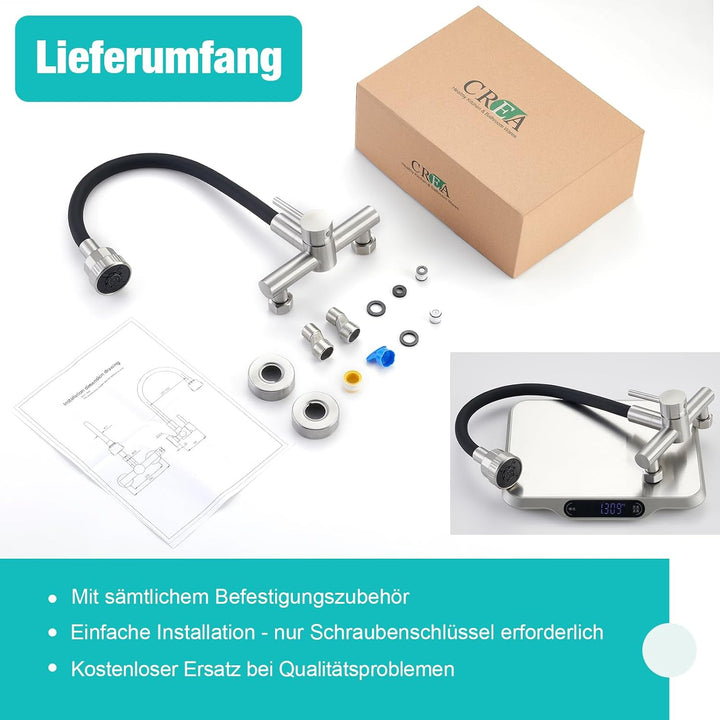 CREA Wandarmatur für Küche mit Schwarzer 360° flexibler Silikon Weichschlauch, Einhebelmischer Küche