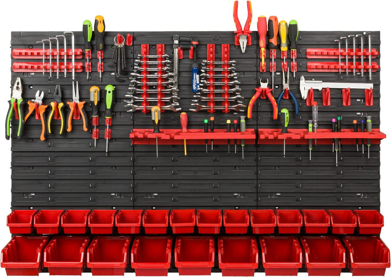 Lagersystem Werkstattregal | 117 x 78 cm | 23 stck. Box | Wandregal mit Werkzeughalterungen und Stap