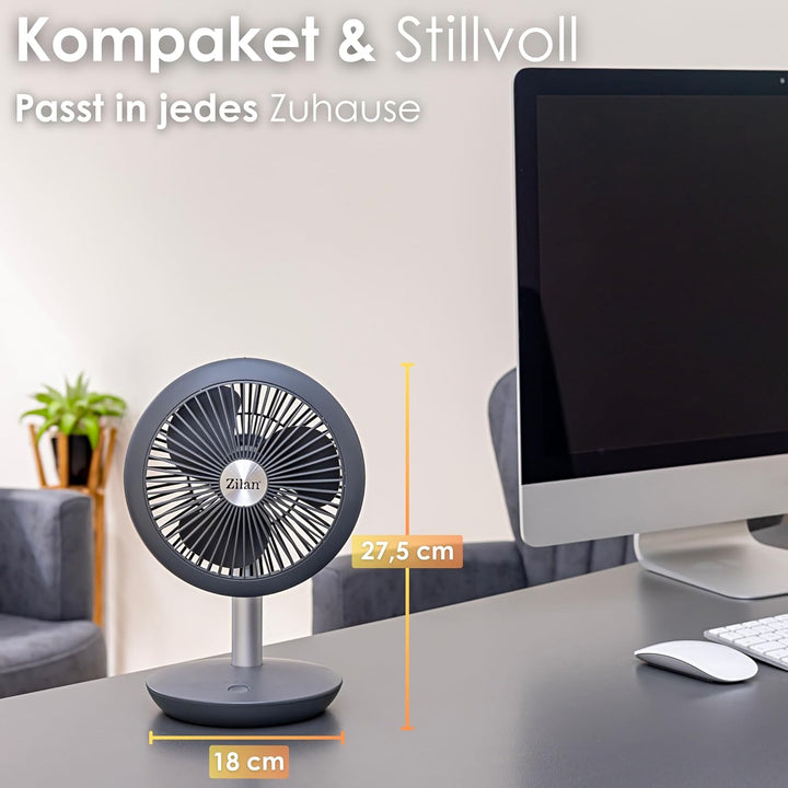 Tischventilator sehr leise | Kabellos | 4000 mAh Akku | Ventilator | 90° neigbar | Schreibtischventi