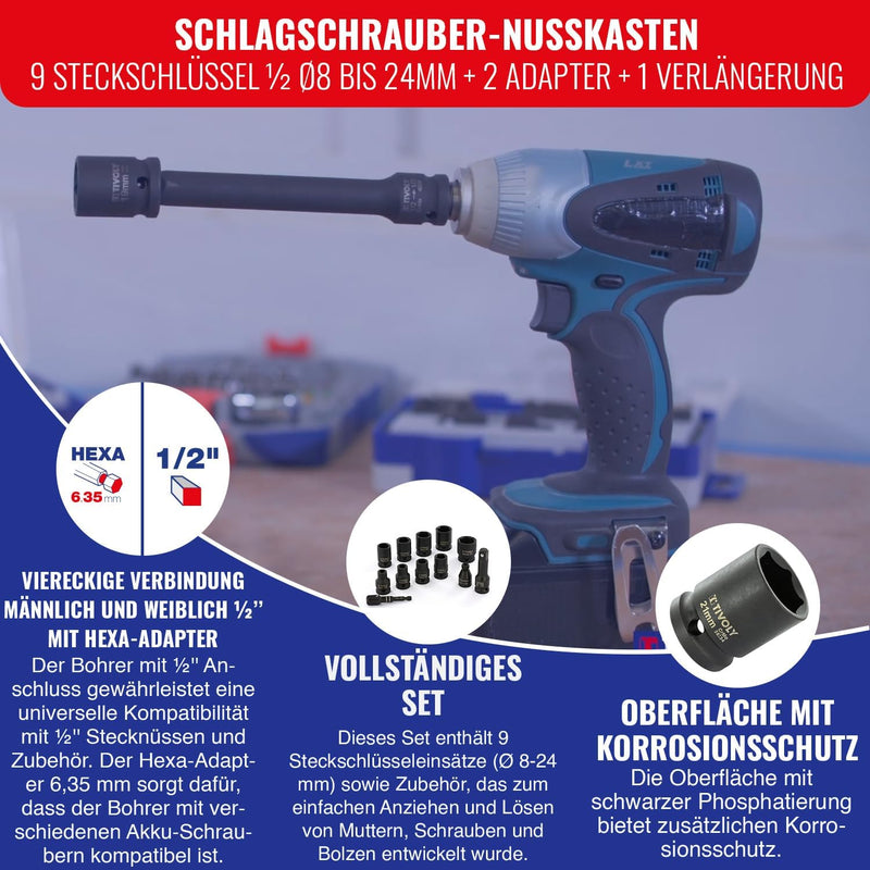 Set mit 12 Steckschlüsseln, 1/2" & Zubehör