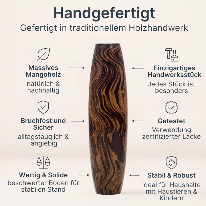 Leewadee Grosse Bodenvase für Dekozweige hohe Standvase Design Holzvase, Holz, 70 cm, Braun Hellbrau