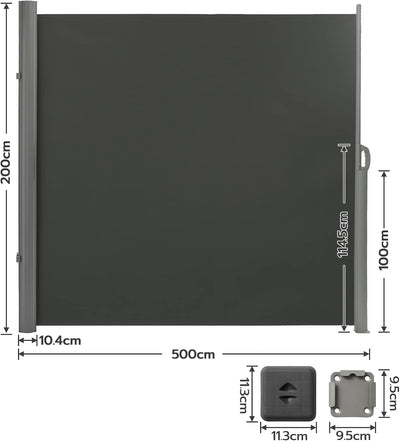 LARMNEE Alu-Seitenmarkise, ausziehbar, 200 x 500 cm, Sichtschutz, Sonnenschutz, Blickdicht, Seitenro