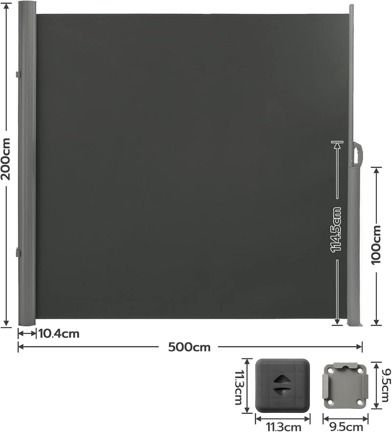 LARMNEE Alu-Seitenmarkise, ausziehbar, 200 x 500 cm, Sichtschutz, Sonnenschutz, Blickdicht, Seitenro