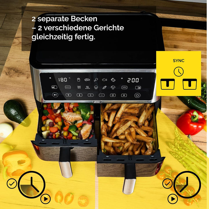 Yoer Heissluftfritteuse, 10L Airfryer, 2 Fächer, 6-in-1, 10 automatische Programme, Spülmaschinenfes