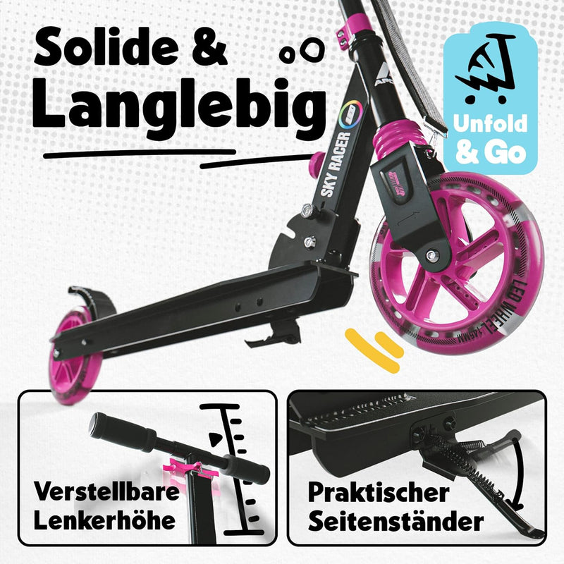 Apollo Skyracer City Roller mit LED Leuchträdern | Roller Kinder 6 Jahre | City Scooter mit Federung
