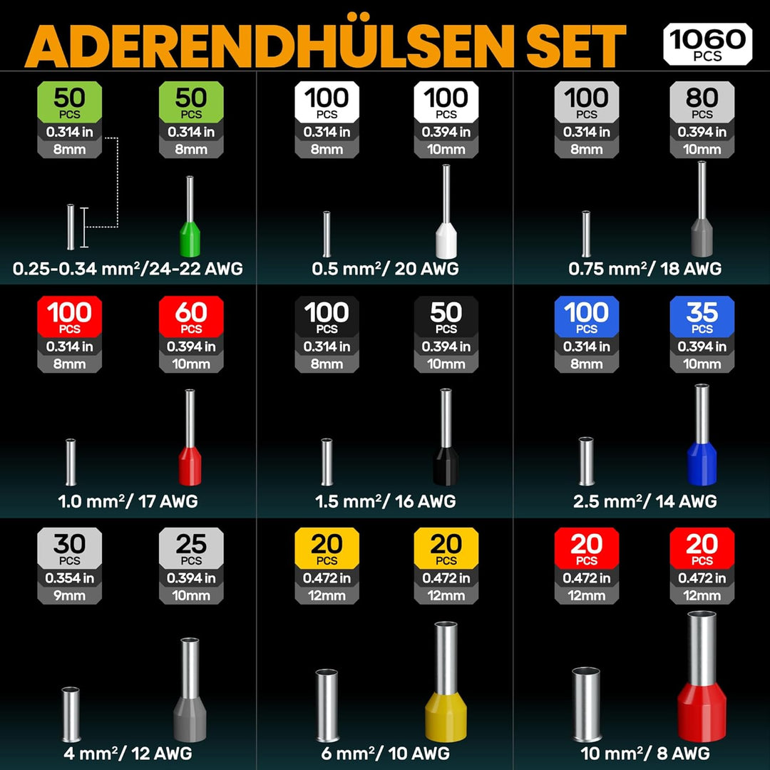 SOMELINE® Crimpzange Aderendhülsen Set, 0,25–10mm² Aderendhülsenzange, mit 18 Arten Isoliert und Nic