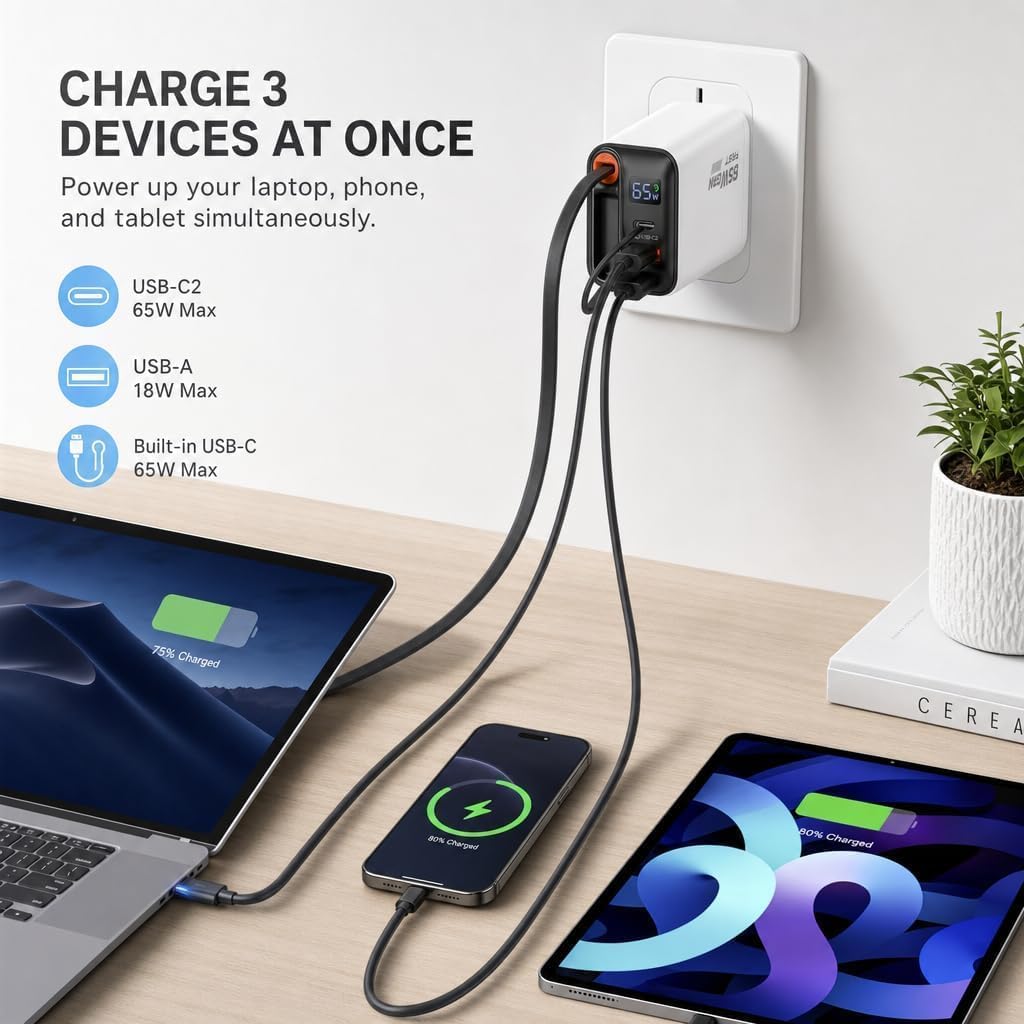 65W GaN Schnell Ladegerät mit 65cm einziehbarem Kabel, LED-Anzeige &amp;3‑Port