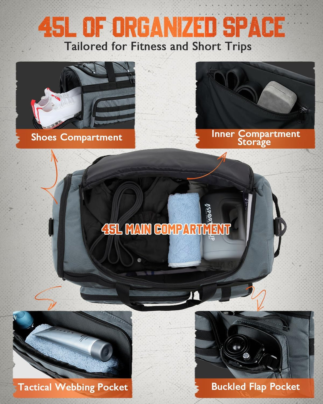 Gonex 45L Sporttasche & Reisetasche Herren, 3-in-1 Tragbar Taktische Trainingstasche mit Schuhfach –