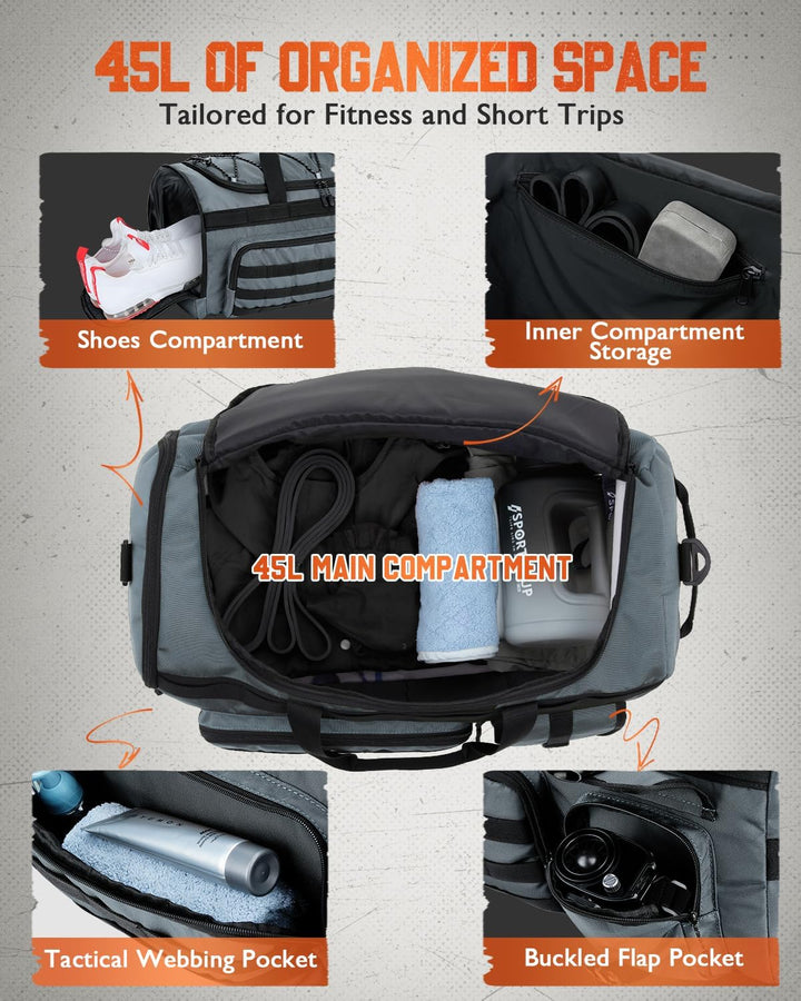 Gonex 45L Sporttasche & Reisetasche Herren, 3-in-1 Tragbar Taktische Trainingstasche mit Schuhfach –