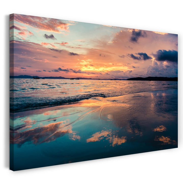 Printed Paintings Leinwand (80x60cm): Landschaftsbilder Sonnenuntergang über hell-blaues Wasser 80x6