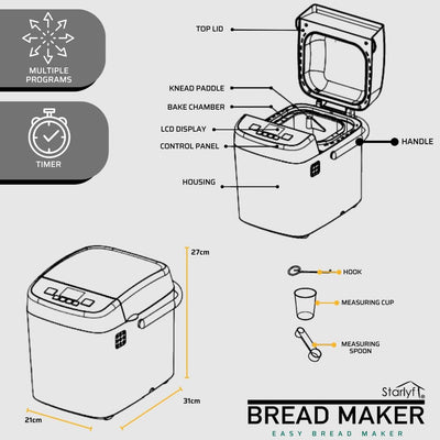 STARLYF Brotbackautomat Bread Maker, 14 Programme, 500,00 W, für 750g Brot, Timer, Joghurt, Marmelad