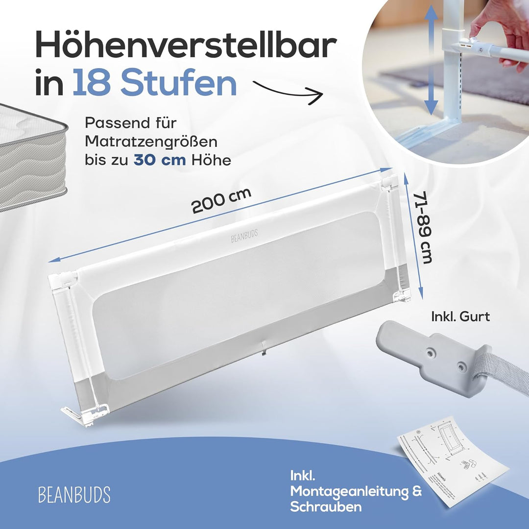Bettgitter Rausfallschutz 200cm [1 Seite] - Labor geprüftes Bettschutzgitter Lattenrost & Boxspringb