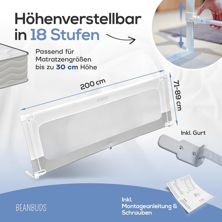 Bettgitter Rausfallschutz 200cm [1 Seite] - Labor geprüftes Bettschutzgitter Lattenrost & Boxspringb