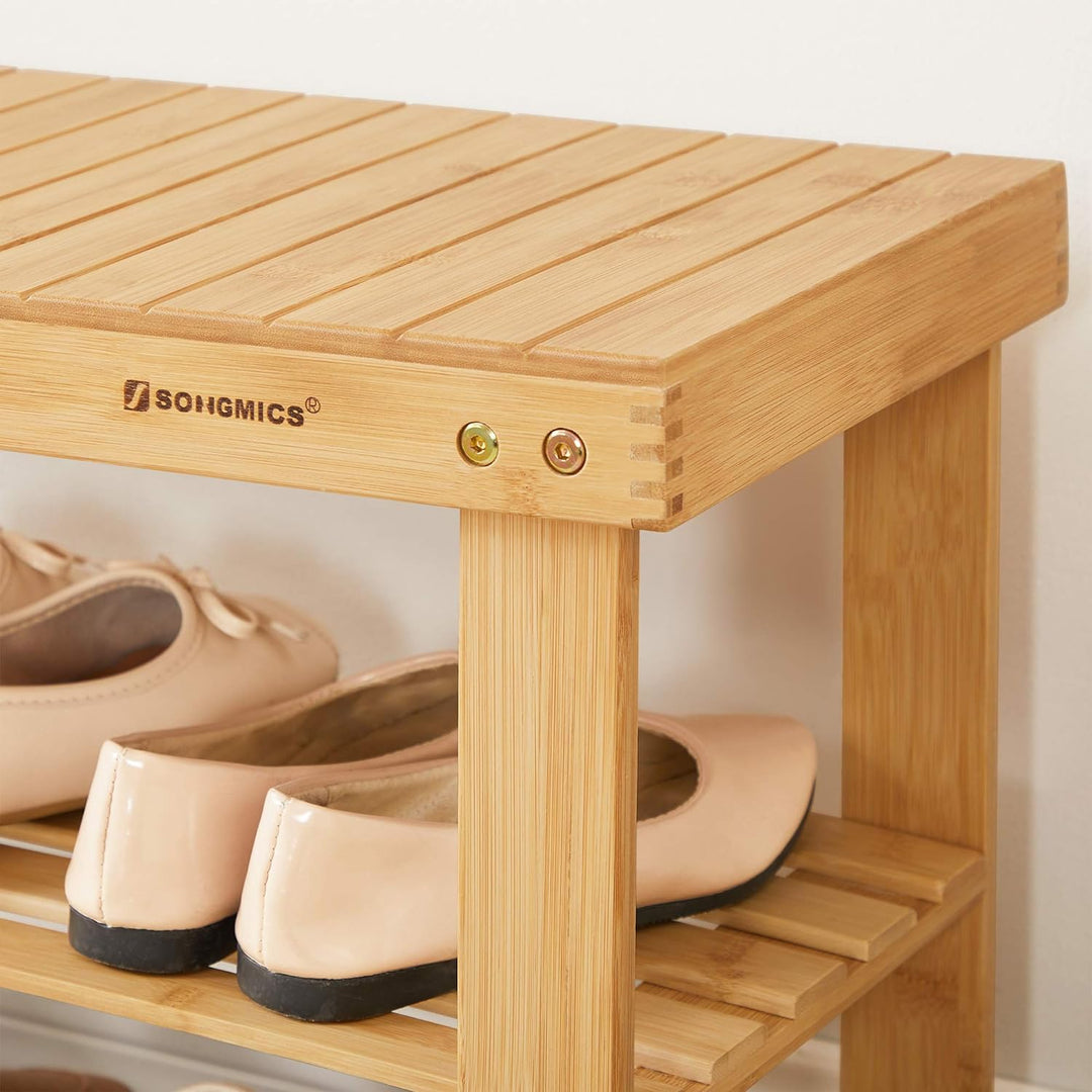 SONGMICS Schuhregal, Schuhschrank mit Sitzbank, Bambus Schuhbank mit 3 Ablagen, 70 x 28 x 45 cm idea