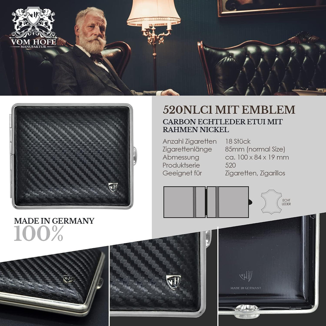 v.H Zigarettenetui für 18 Zigaretten (85mm normale Grösse), Schwarzes Echtleder im Carbon - look, Ra