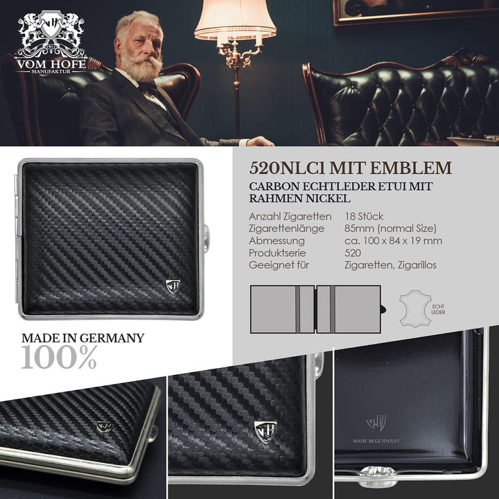 v.H Zigarettenetui für 18 Zigaretten (85mm normale Grösse), Schwarzes Echtleder im Carbon - look, Ra