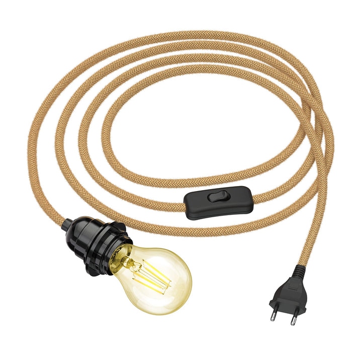ledscom.de Hanfkabel LEKA mit Stecker, Schalter und E27 Fassung, inkl. E27 Lampe 471lm Gold Vintage