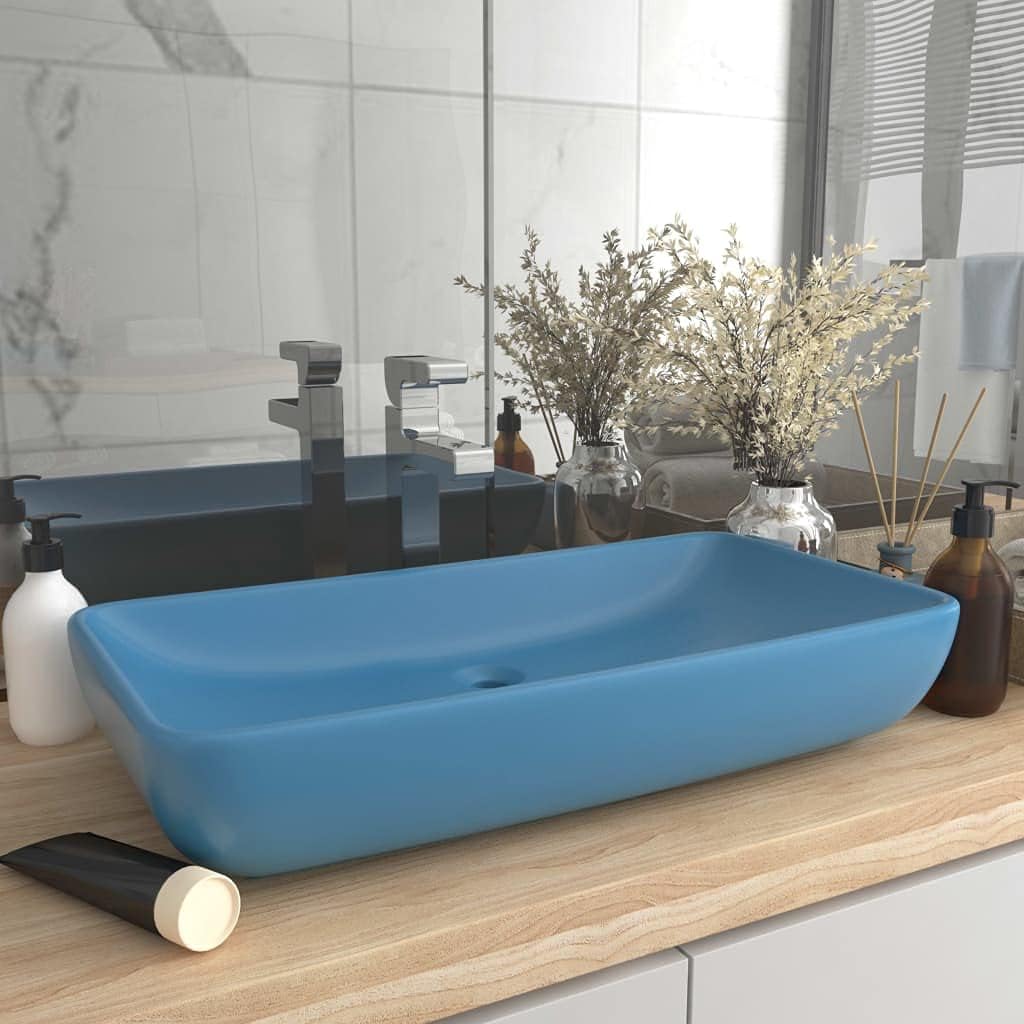 HOMIUSE Luxus-Waschbecken Rechteckig Matt Hellblau 71x38 cm Keramik Waschbecken Waschtisch Aufsatzwa