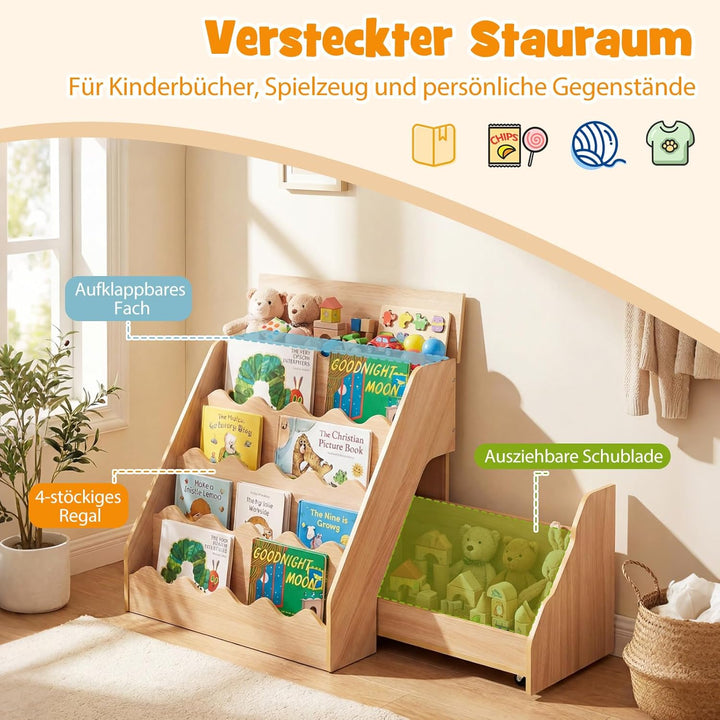 COSTWAY 4 stufiges Kinder Bücherregal, Kinderregal mit aufklappbaren Fach & Schublade auf Rollen, Sp