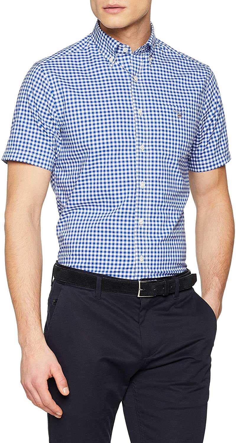 GANT Herren Reg Broadcloth Gingham Ss Bd Hemd, College Blue