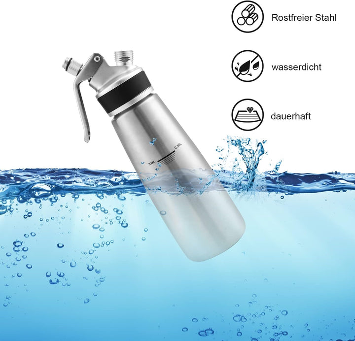 Yakimz Sahnespender Aluminium/Edelstahl Sahnesyphon, 0,5 L Mit 3 Edelstahl Deko-Düsen und Reinigungb