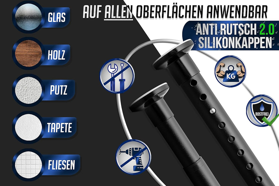 MEISENBERG Gardinenstange ohne Bohren 210-260cm, Ø32mm Matt Schwarz belastbare Klemmstange zum Auszi