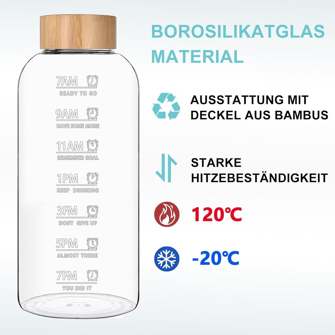 1.5 Liter Glasflasche, 1.5 l Glas Trinkglasche, Wasserflasche Glas mit Neoprenhülle, Bambusdeckel, F