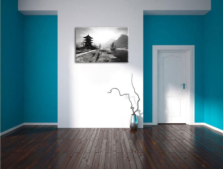 Pixxprint asiatischer Tempel an Fluss als Leinwandbild/Grösse: 100x70 cm/Wandbild/Kunstdruck/fertig